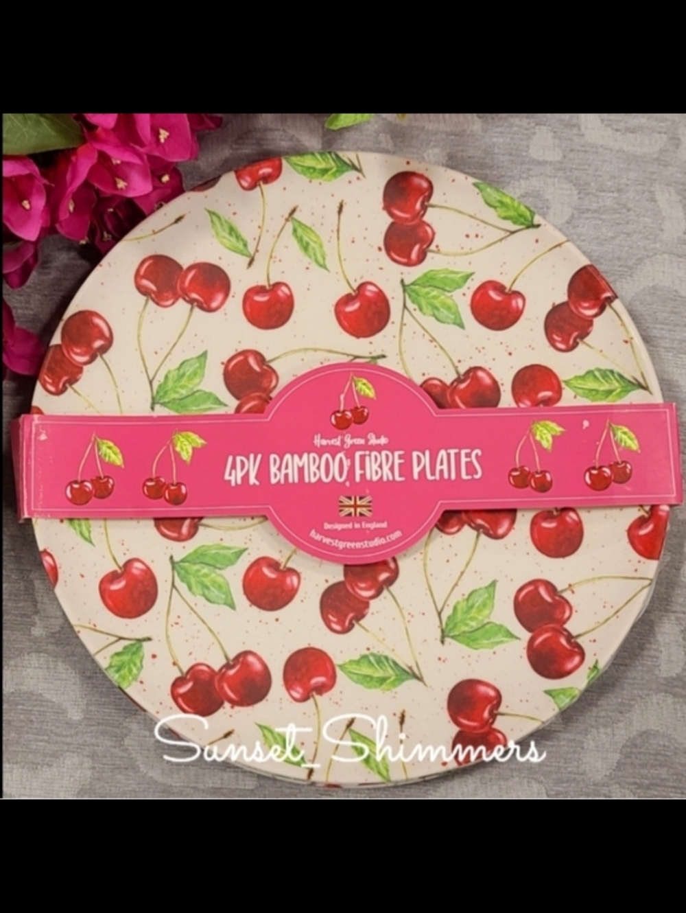 x4 Harvest Green Studio Red Cherries Indoor Outdoor Melamine Dinner Plate Set